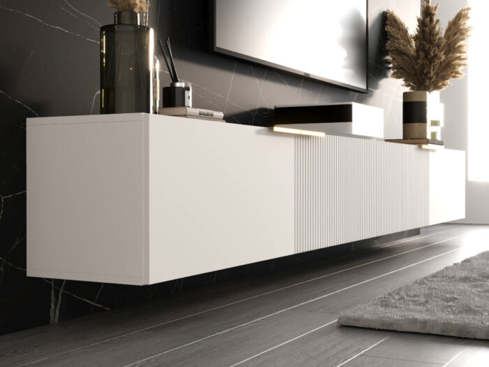 Meble RTV Z Lamelami 300 CM Nowoczesna Meblościanka - Szafki Modułowe Wiszące Zestaw + Fronty Frezowane Lakierowane MDF 18 MM + Wybór Wzorów CORDOBA