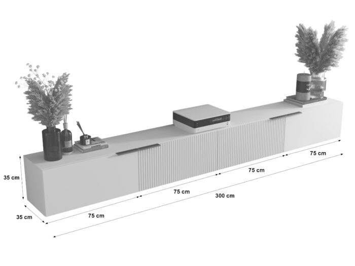 Meble RTV Z Lamelami 300 CM Nowoczesna Meblościanka - Szafki Modułowe Wiszące Zestaw + Fronty Frezowane Lakierowane MDF 18 MM + Wybór Wzorów CORDOBA