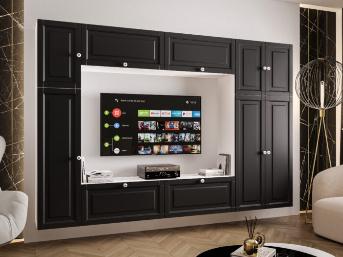 Duży Zestaw RTV Meblościanka Z Szafą 255X170X35 CM - Opcja Własnej Konfiguracji - Fronty Frezowane MDF 18 MM PRAGA