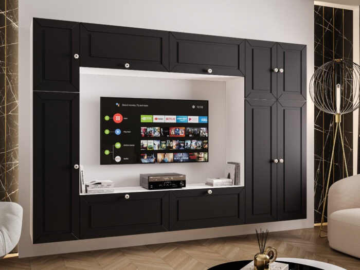 Duży Zestaw RTV Meblościanka Z Szafą 255X170X35 CM - Opcja Własnej Konfiguracji - Fronty Frezowane MDF 18 MM PRAGA