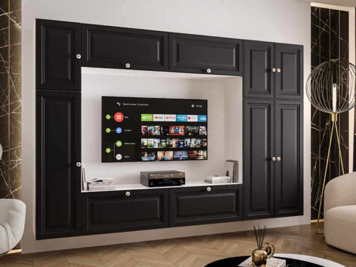 Duży Zestaw RTV Meblościanka Z Szafą 255X170X35 CM - Opcja Własnej Konfiguracji - Fronty Frezowane MDF 18 MM PRAGA