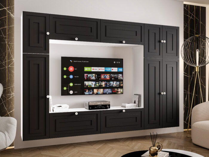 Duży Zestaw RTV Meblościanka Z Szafą 255X170X35 CM - Opcja Własnej Konfiguracji - Fronty Frezowane MDF 18 MM PRAGA