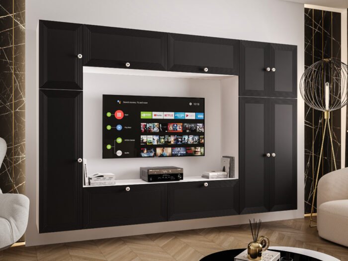 Duży Zestaw RTV Meblościanka Z Szafą 255X170X35 CM - Opcja Własnej Konfiguracji - Fronty Frezowane MDF 18 MM PRAGA
