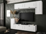 Biały Zestaw Mebli RTV Meblościanka Nowoczesna Do Salonu 200X180X35 CM + Fronty Frezowane Malowane MDF 18 MM + Wybór Wzorów NEVADA