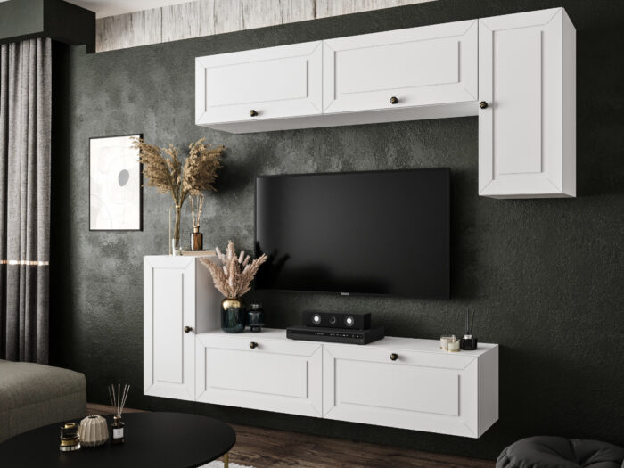 Biały Zestaw Mebli RTV Meblościanka Nowoczesna Do Salonu 200X180X35 CM + Fronty Frezowane Malowane MDF 18 MM + Wybór Wzorów NEVADA