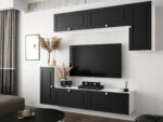 Nowoczesny Zestaw Mebli RTV Meblościanka Wisząca Do Salonu Biało Czarna 200X180X35 CM + Fronty Frezowane Malowane MDF 18 MM + Wybór Wzorów NEVADA