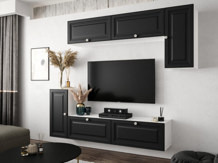 Nowoczesny Zestaw Mebli RTV Meblościanka Wisząca Do Salonu Biało Czarna 200X180X35 CM + Fronty Frezowane Malowane MDF 18 MM + Wybór Wzorów NEVADA