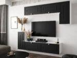 Nowoczesny Zestaw Mebli RTV Meblościanka Wisząca Do Salonu Biało Czarna 200X180X35 CM + Fronty Frezowane Malowane MDF 18 MM + Wybór Wzorów NEVADA