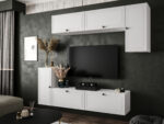 Biały Zestaw Mebli RTV Meblościanka Nowoczesna Do Salonu 200X180X35 CM + Fronty Frezowane Malowane MDF 18 MM + Wybór Wzorów NEVADA