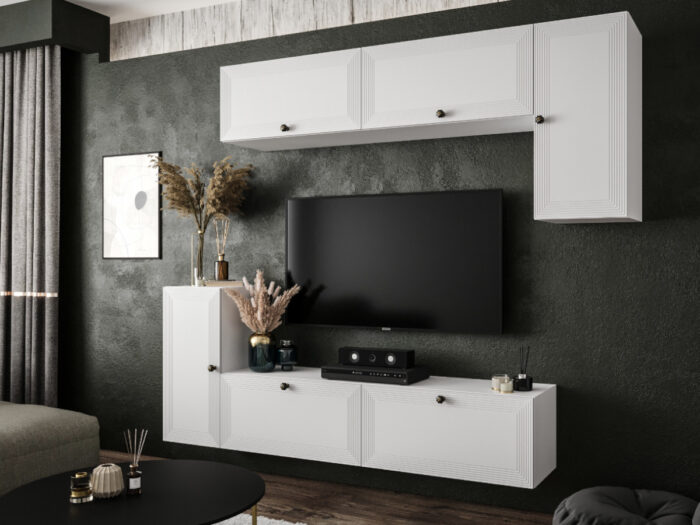 Biały Zestaw Mebli RTV Meblościanka Nowoczesna Do Salonu 200X180X35 CM + Fronty Frezowane Malowane MDF 18 MM + Wybór Wzorów NEVADA