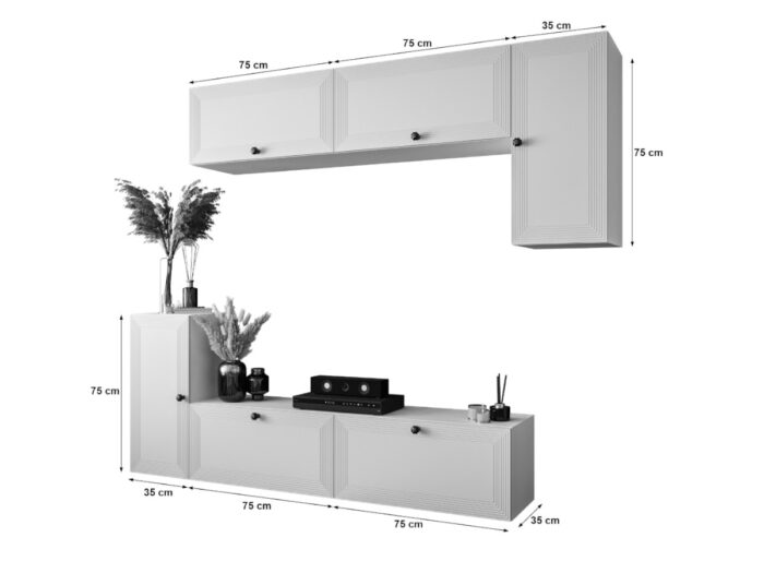 Biały Zestaw Mebli RTV Meblościanka Nowoczesna Do Salonu 200X180X35 CM + Fronty Frezowane Malowane MDF 18 MM + Wybór Wzorów NEVADA