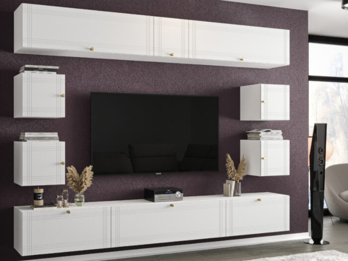 Stylowa Meblościanka RTV Nowoczesne Meble Szafki Modułowe Do Salonu 265X190X35 CM + Fronty Frezowane Malowane MDF 18 MM + Wybór Wzorów PORTO