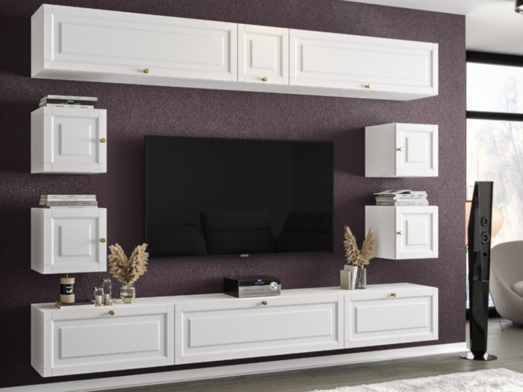 Stylowa Meblościanka RTV Nowoczesne Meble Szafki Modułowe Do Salonu 265X190X35 CM + Fronty Frezowane Malowane MDF 18 MM + Wybór Wzorów PORTO