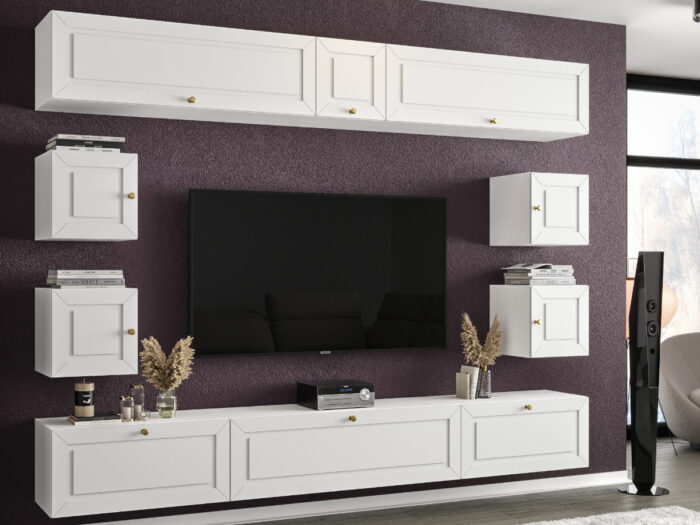 Stylowa Meblościanka RTV Nowoczesne Meble Szafki Modułowe Do Salonu 265X190X35 CM + Fronty Frezowane Malowane MDF 18 MM + Wybór Wzorów PORTO