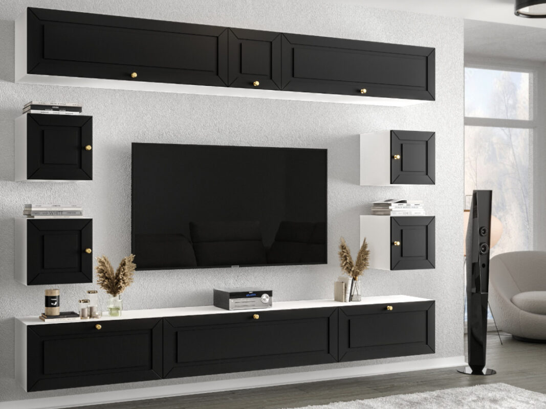 Meblościanka RTV Modułowa Nowoczesne Meble Szafki Wiszące Do Salonu 265X190X35 CM + Fronty Frezowane Malowane MDF 18 MM + Wybór Wzorów PORTO