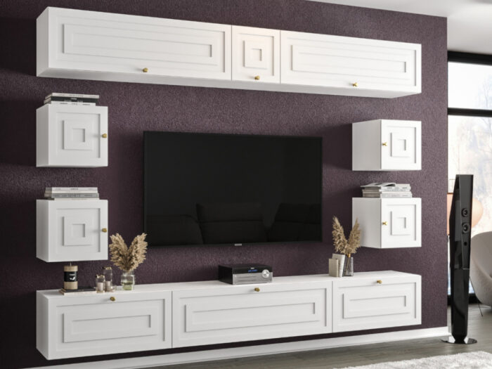 Stylowa Meblościanka RTV Nowoczesne Meble Szafki Modułowe Do Salonu 265X190X35 CM + Fronty Frezowane Malowane MDF 18 MM + Wybór Wzorów PORTO