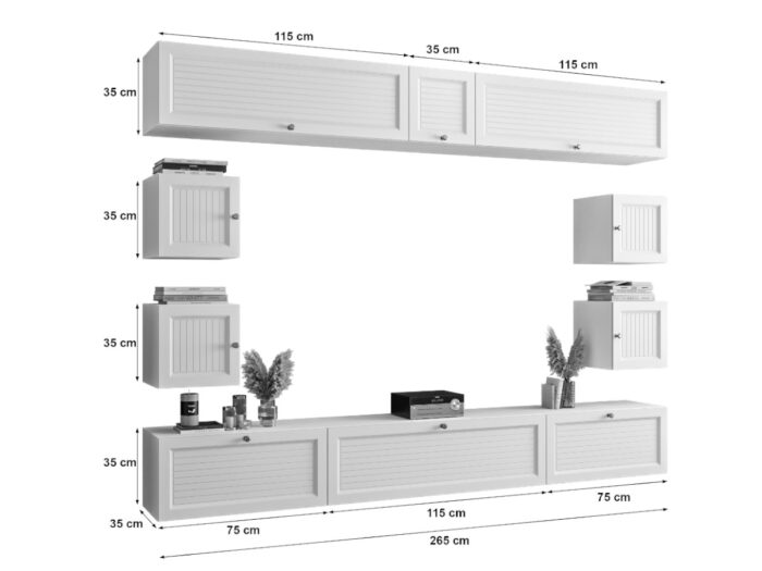 Stylowa Meblościanka RTV Nowoczesne Meble Szafki Modułowe Do Salonu 265X190X35 CM + Fronty Frezowane Malowane MDF 18 MM + Wybór Wzorów PORTO