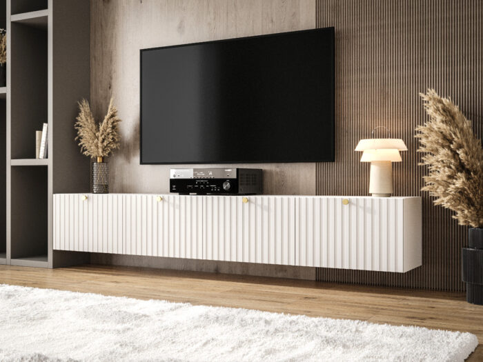 Białe Meble RTV Z Lamelami 220 CM Meblościanka Nowoczesna Wisząca Szafki Modułowe Do Salonu+ Fronty Frezowane Lakierowane MDF 18 MM + Wybór Wzorów COMO