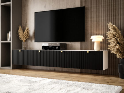 Meble RTV Z Lamelami 220 CM Meblościanka Nowoczesna Wisząca Szafki Modułowe Do Salonu+ Fronty Frezowane Lakierowane MDF 18 MM + Wybór Wzorów COMO
