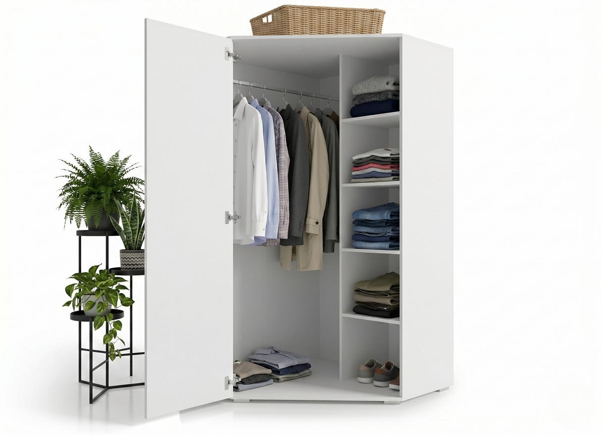 otwarta-szafa-narozna-trend-23-biala-wnetrze Biała Szafa Narożna 80x80 cm Trend 23 otwarta wnętrze