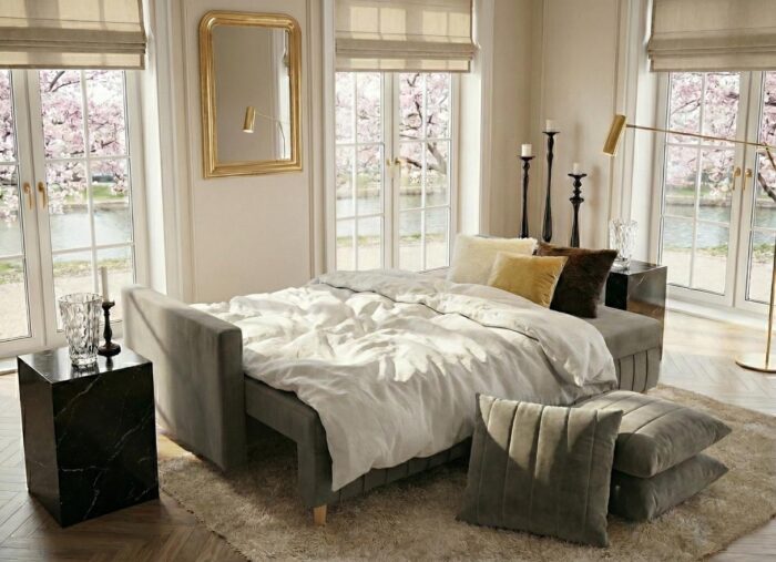 Pościelona do spania szara sofa rozkładana 224 cm Watson