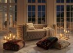 Sofa chesterfield Aspen w salonie nocą przy świecach