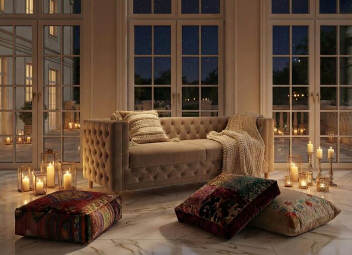 Sofa chesterfield Aspen w salonie nocą przy świecach