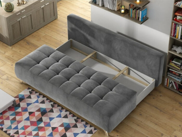 Mała Rozkładana Kanapa 197 CM - Wygodna Sofa Do Salonu + Pikowane Siedzisko + Pojemnik Na Pościel - NOVA