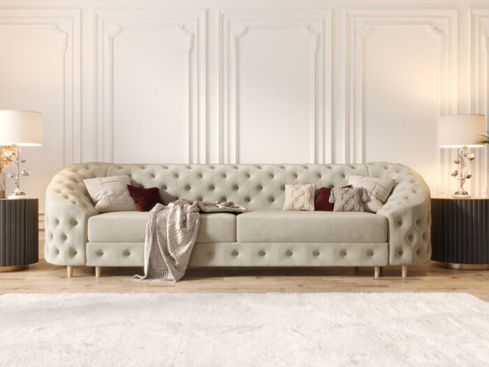 Pikowana Sofa Rozkładana 3 Osobowa 290 CM - Elegancka Kanapa W Stylu Glamour + Pianka HR45 + Sprężyny Bonell - VENUS