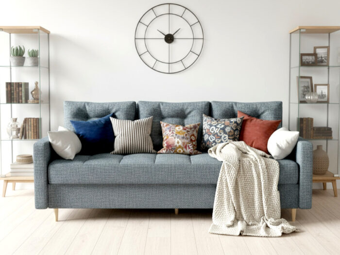 Sofa 3 Osobowa Rozkładana 224 CM Kanapa Z Pojemnikiem + Pikowane Siedzisko Poduszki + Wysokie Nóżki + Wybór Kolorów FLORIDA
