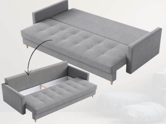 Sofa 3 Osobowa Rozkładana 224 CM Kanapa Z Pojemnikiem + Pikowane Siedzisko Poduszki + Wysokie Nóżki + Wybór Kolorów FLORIDA