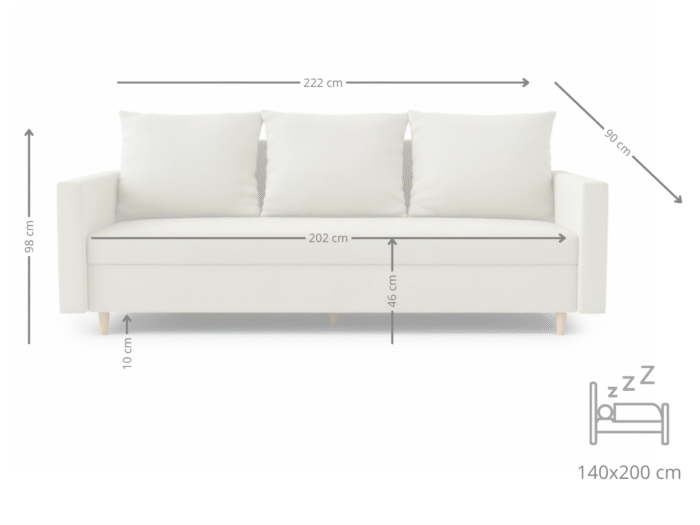 Sofa Z Funkcją Spania 3 Osobowa 222 CM Kanapa Rozkładana Z Pojemnikiem + Wysokie Nóżki + Wybór Kolorów SPRING - obrazek 9