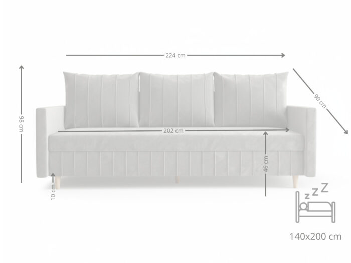 Stylowa Kanapa Rozkładana 224 CM Sofa 3 Osobowa + Pojemnik Na Pościel + Bonell Pianka T30 + Wysokie Nóżki + Wybór Kolorów WATSON