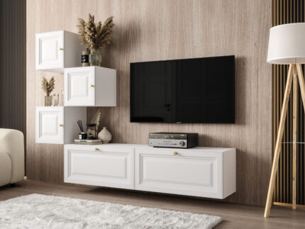 Biała Meblościanka Zestaw RTV 185X140X35 CM - Opcja Własnej Konfiguracji - Fronty Frezowane MDF 18 MM DAKOTA